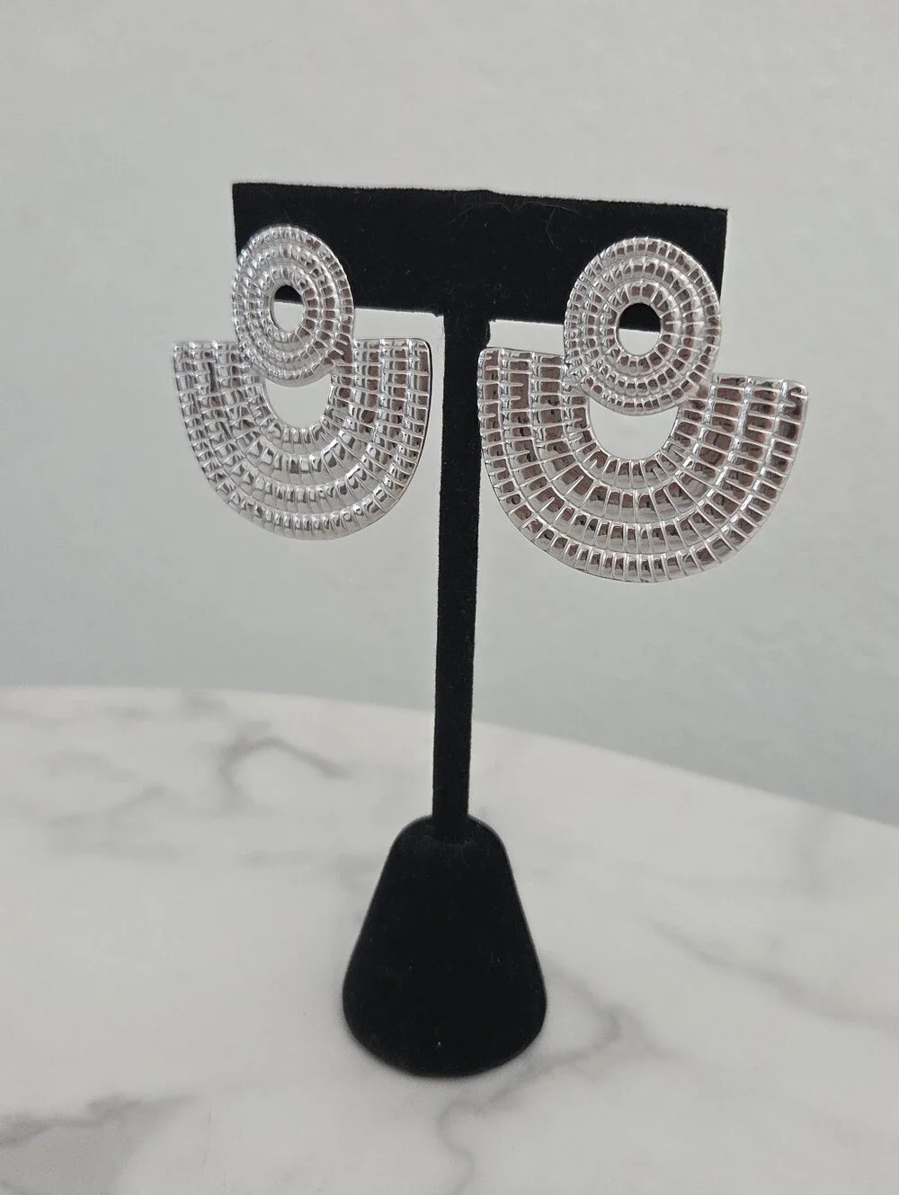 Stainless Steel Silver Textured Fan Dangle Earrings - Picture 10 of 14